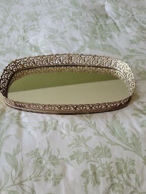 Vintage Gold Filigree Vanity Tray with Mirror